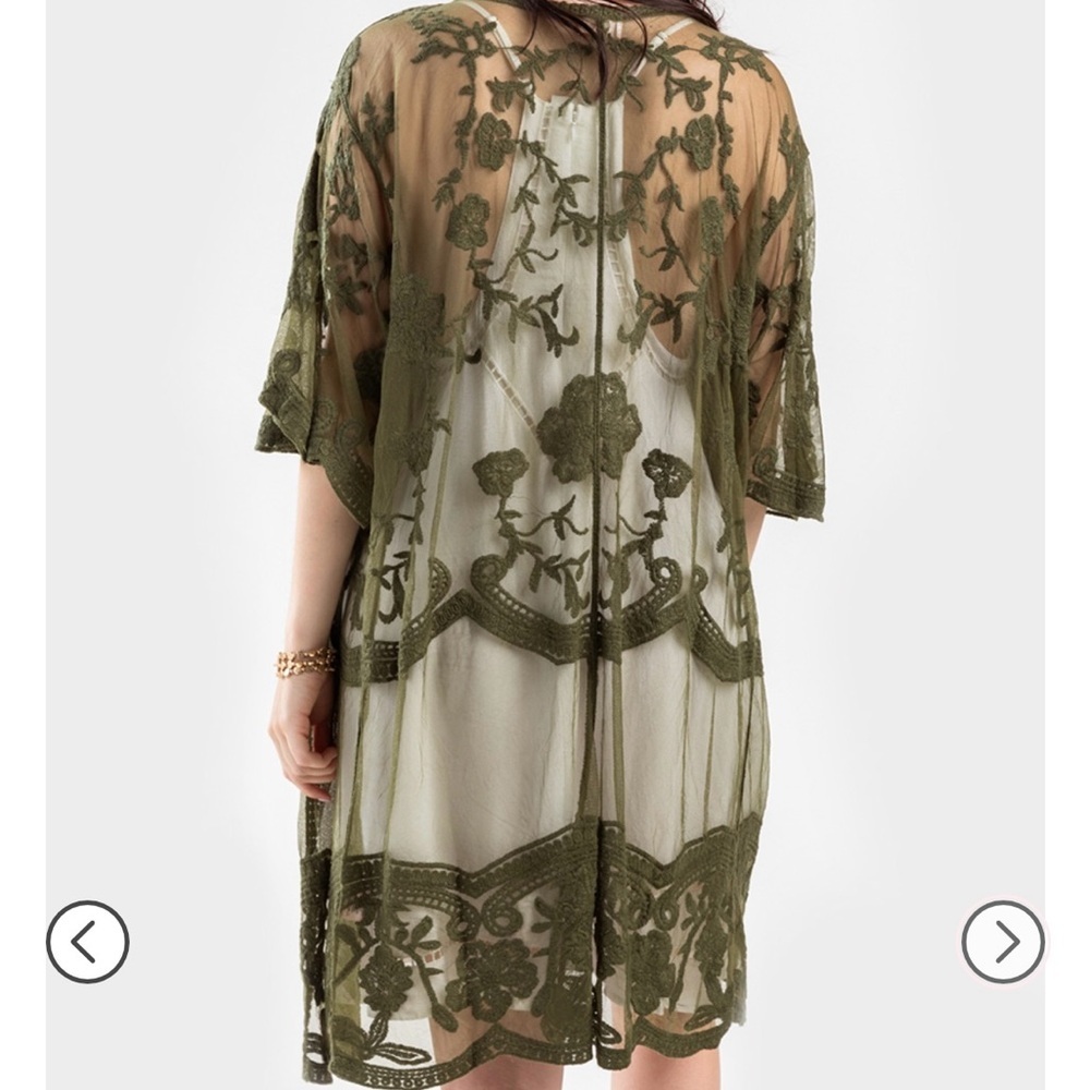 Sheer scalloped lace Olive Green Kimono or swim suit cover up